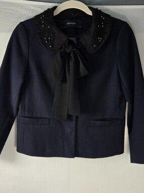 Zara Navy Blue Jacket with Black Embroidered Beads & Floral Collar Size Small